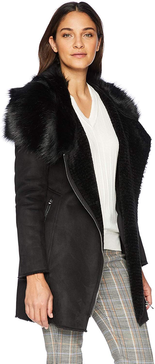 Women's Shrarling with Asytmetrical Zipper Detail and Faux Fur Trimmed Collar