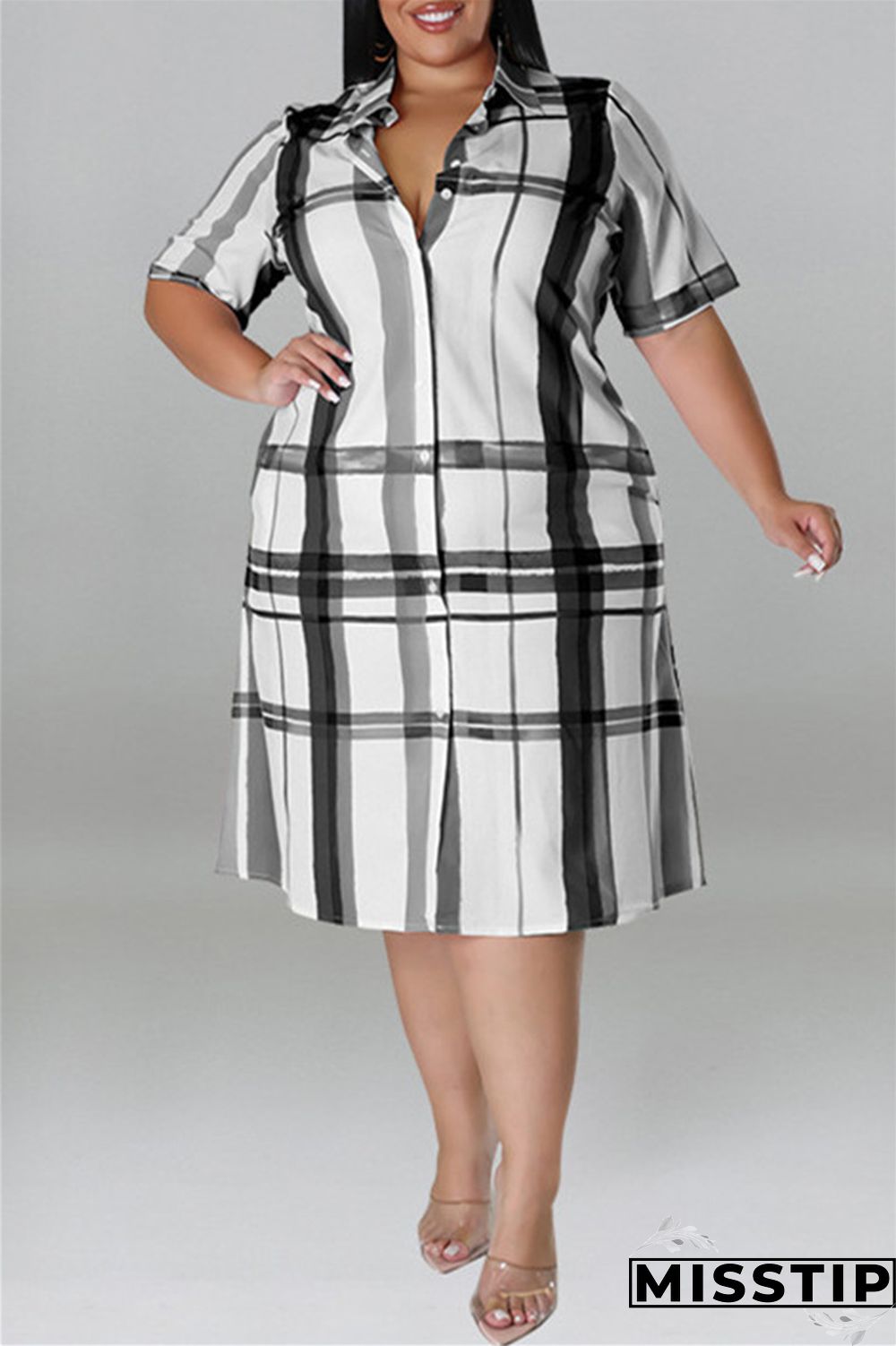 Blue Fashion Casual Plus Size Plaid Print Patchwork Turndown Collar Shirt Dress