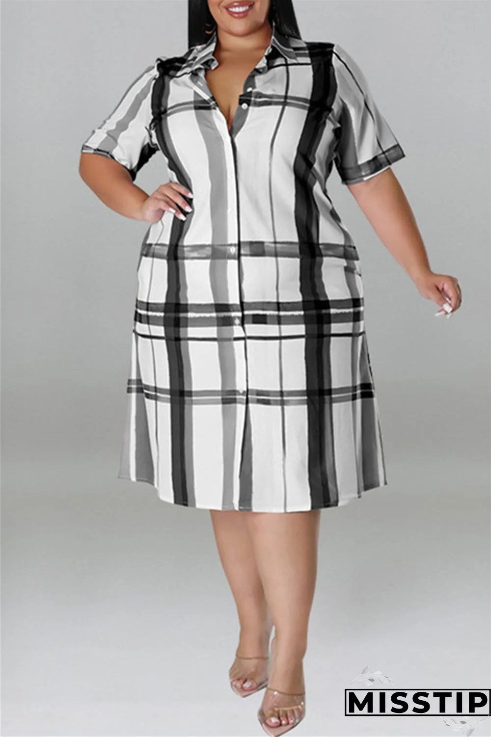 Blue Fashion Casual Plus Size Plaid Print Patchwork Turndown Collar Shirt Dress