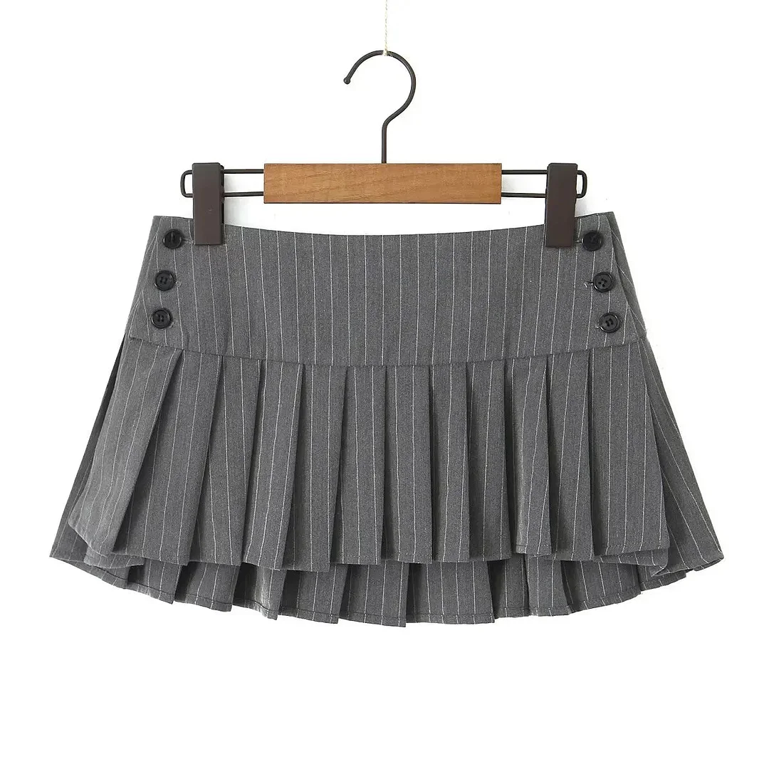 Tlbang Y2K Pinstripe Pleated Mini Skirt Women Sexy Low Waist Short Skater Skirts Jupe