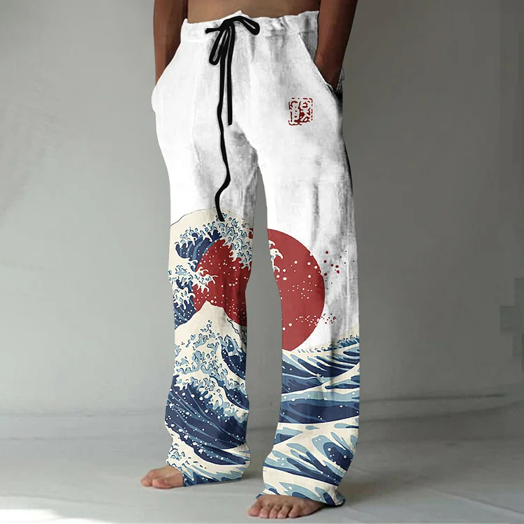 Japanese Waves & Red Sun Art Linen Blend Casual Pants