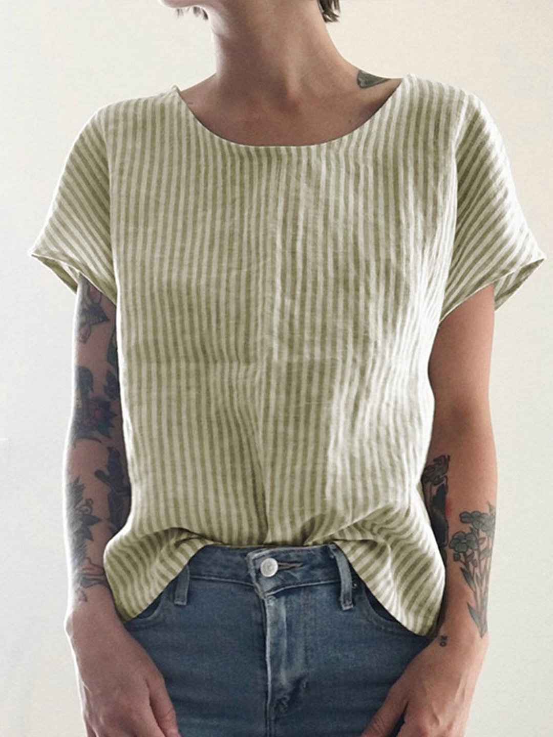 Women's V-Neck Striped Cotton Linen Tee