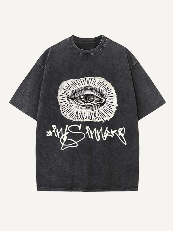 Distressed Washed Eye Faux Decal Print Round Neck T-shirt