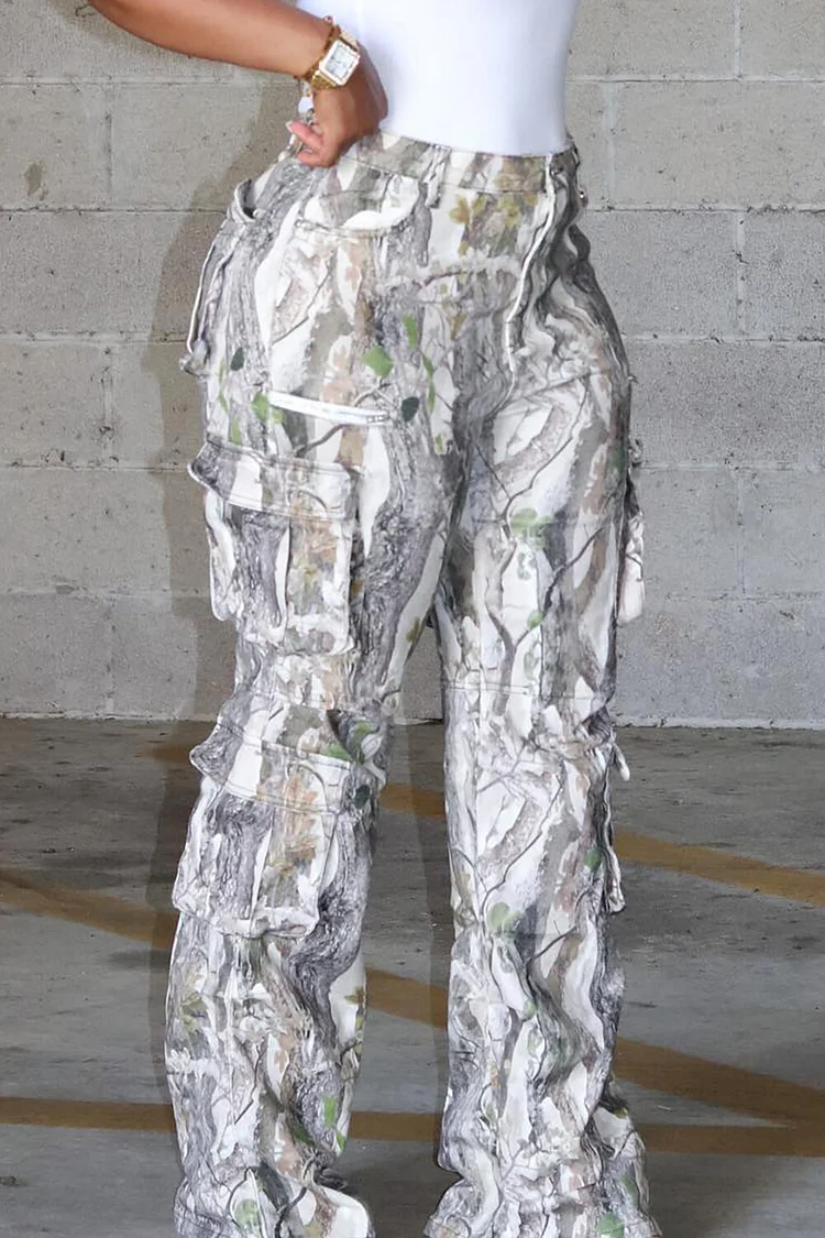 Branch Print High Waist Pockets Straight Leg Cargo Pants-Grey