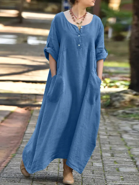 Casual LOOSE Large Size O-Neck Robe Korean Fashion Cotton and Linen Summer Dress