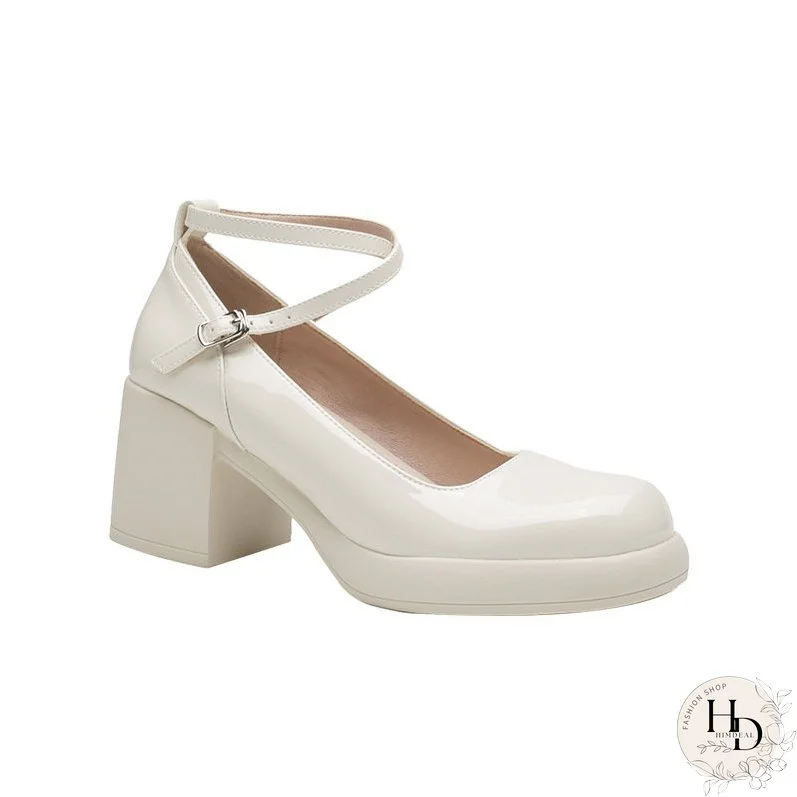 Women French Style Cross Strap Chunky Heeled Pumps