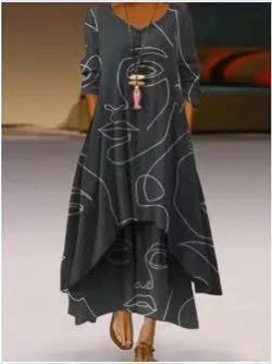 Women's Long Sleeve V-neck Graphic Printed Midi Dress