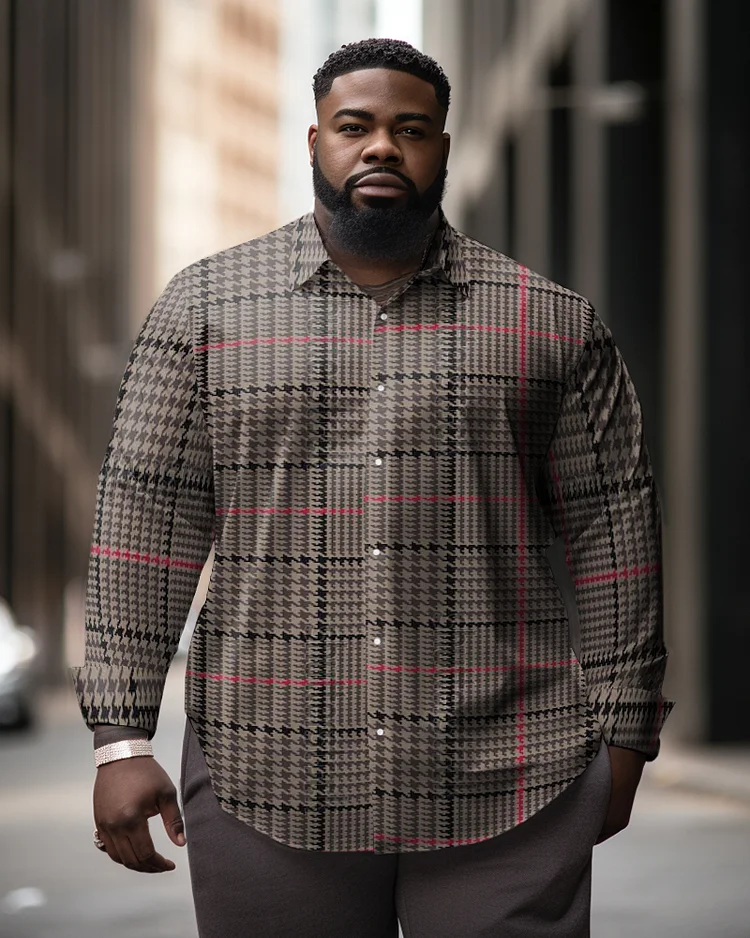 Men's Plus Size Ethnic Style Fine Check Long Sleeve Lapel Long Sleeve Shirt