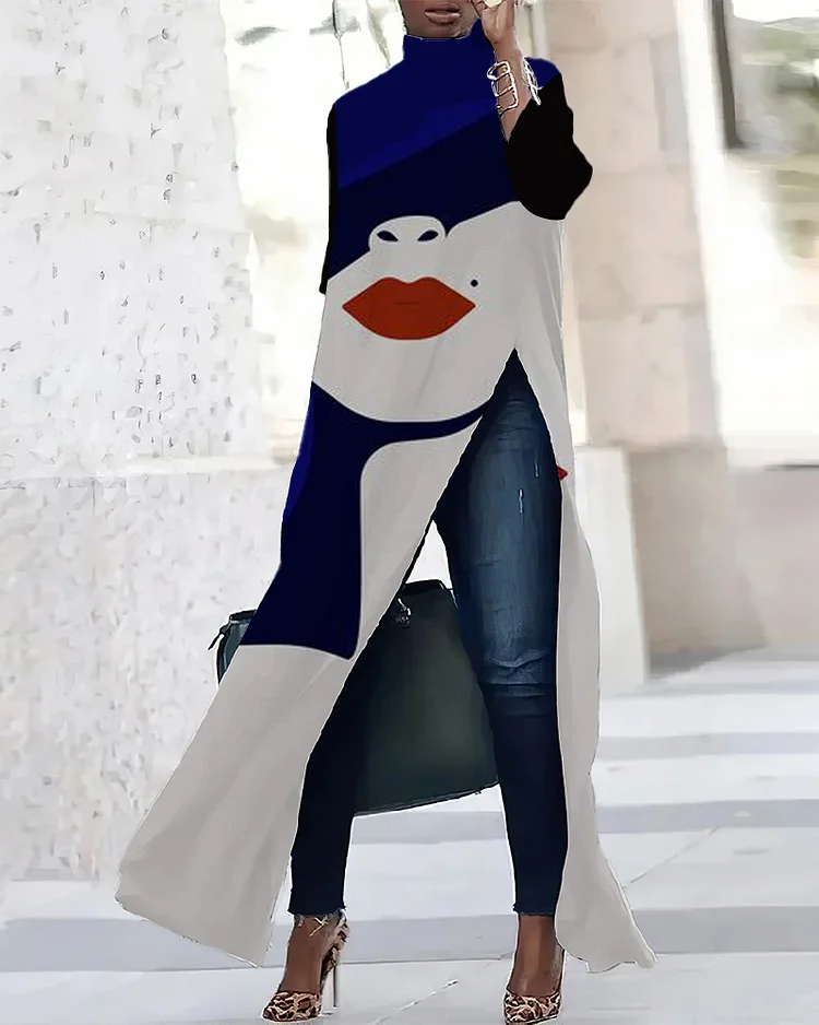 Color Matching Portrait Red Lips Three-quarter Sleeve Slit T-shirt Dress