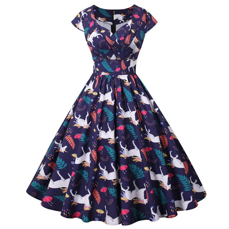 White Print Vintage Christmas Dress Women Winter Big Swing Elegant Short Sleeve V Neck Sexy New Year Party Sundress