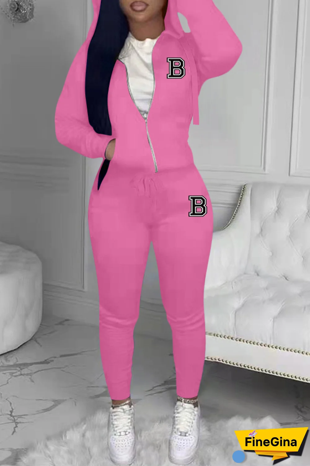 Yellow Street Print Patchwork Hooded Collar Long Sleeve Two Pieces