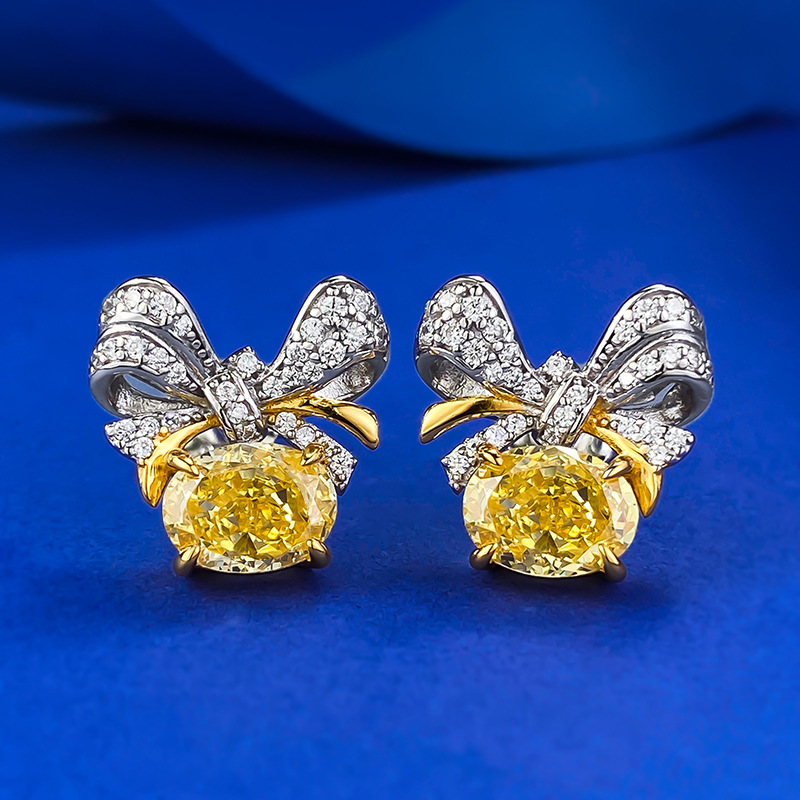 MIKAMU S925 Silver Butterfly Earrings with 6*8mm Oval Yellow Diamonds