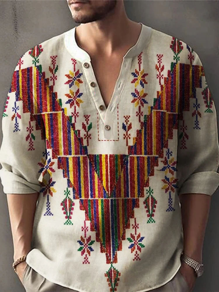 Man's Palestine Ethnic Pattern Linen Blend Shirt