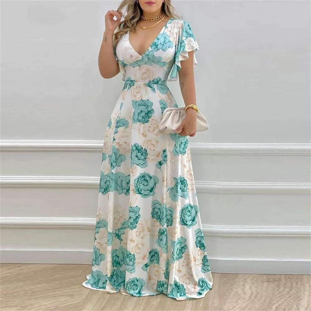 Brownm Brownm New Women's Autumn Temperament V Collar Waist Print Fashion Dress Dress