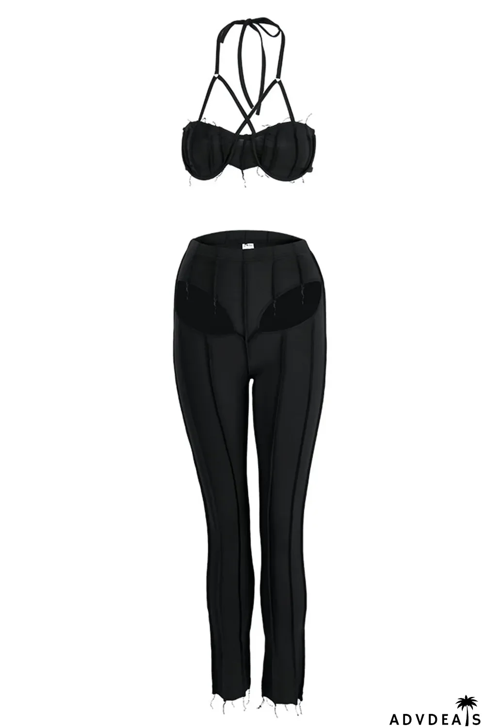 Black Sexy Solid Hollowed Out Patchwork Asymmetrical Halter Sleeveless Two Pieces