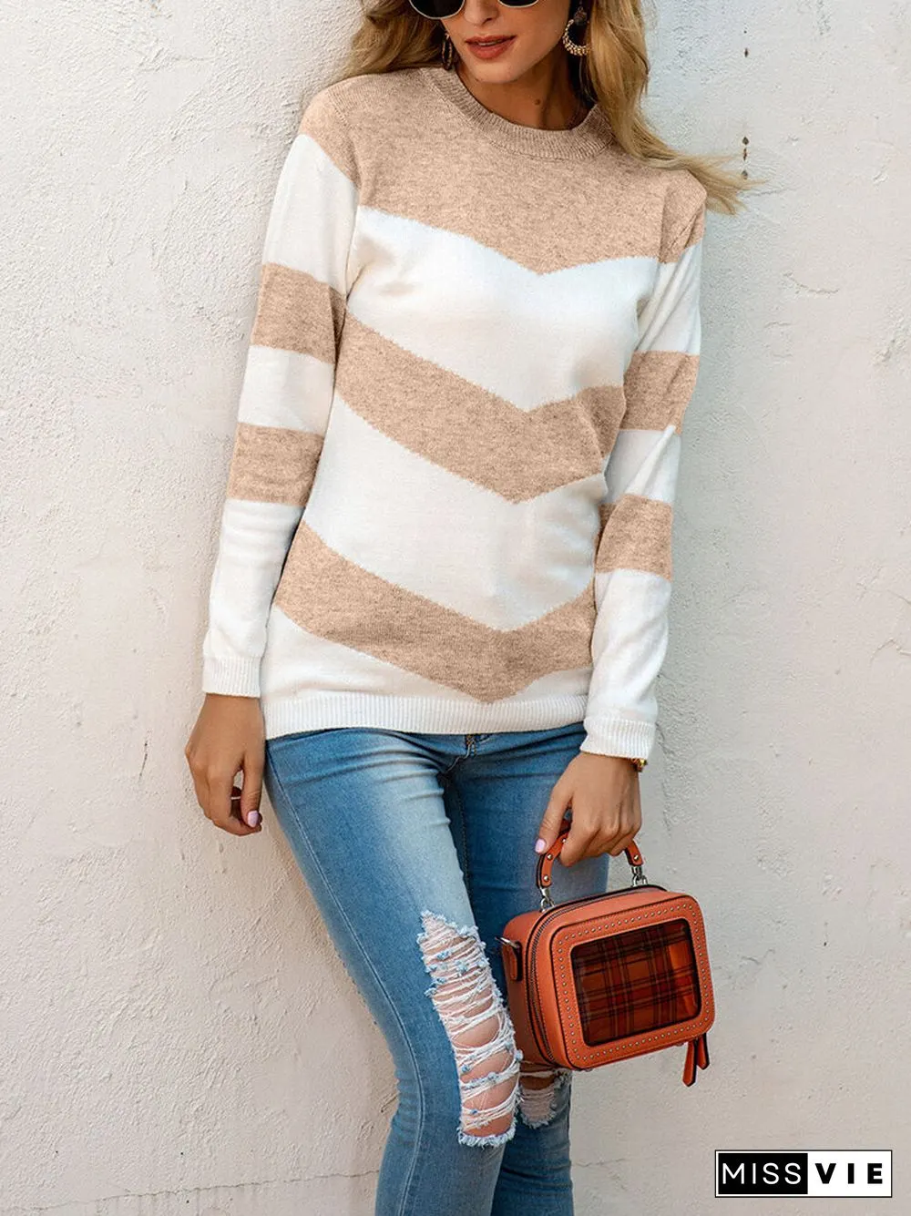 Casual Striped O-neck Long Sleeve Knit Sweater