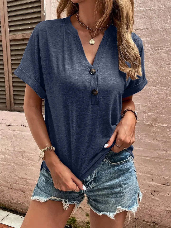 Summer Europe and The United States Women's Fashion Solid Color V-neck Buttons Loose Big Yards Short-sleeved Blouse Women