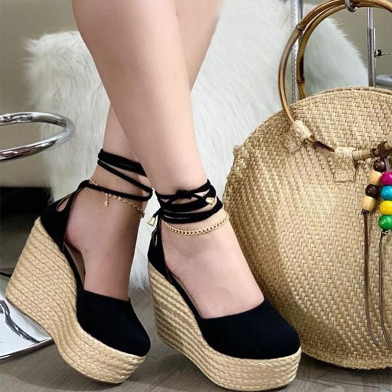 Women's closed toe ankle lace-up wedge heels sandals chunky platform