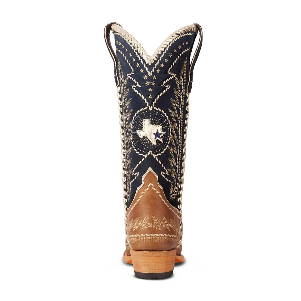 Brown & Navy Stars Chunky Heel Embroidered Western Boots for Women