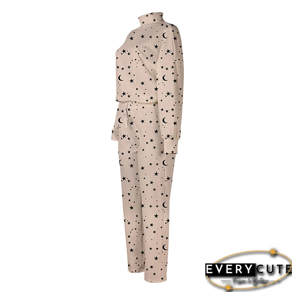 Khaki Stars Print High Collar Long Sleeve Top with Pant Set