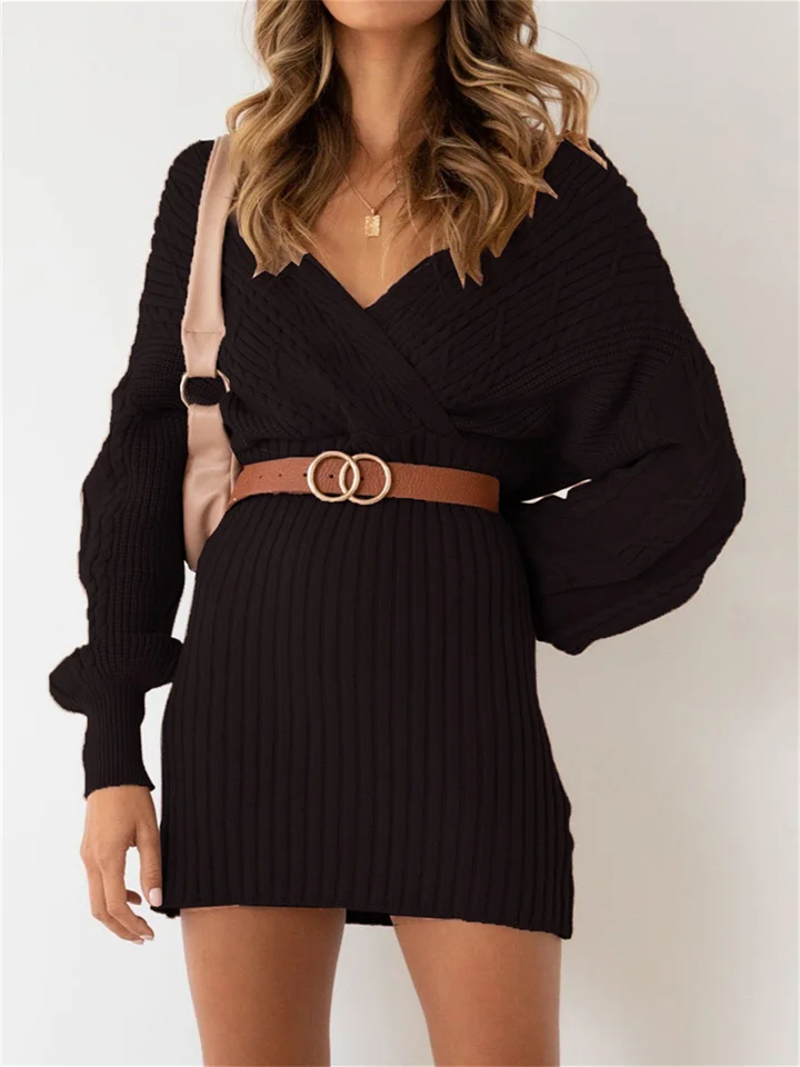 V-Neck Sexy Fried Dough Twist Medium Length Women's Sweater Hip Wrap Skirt