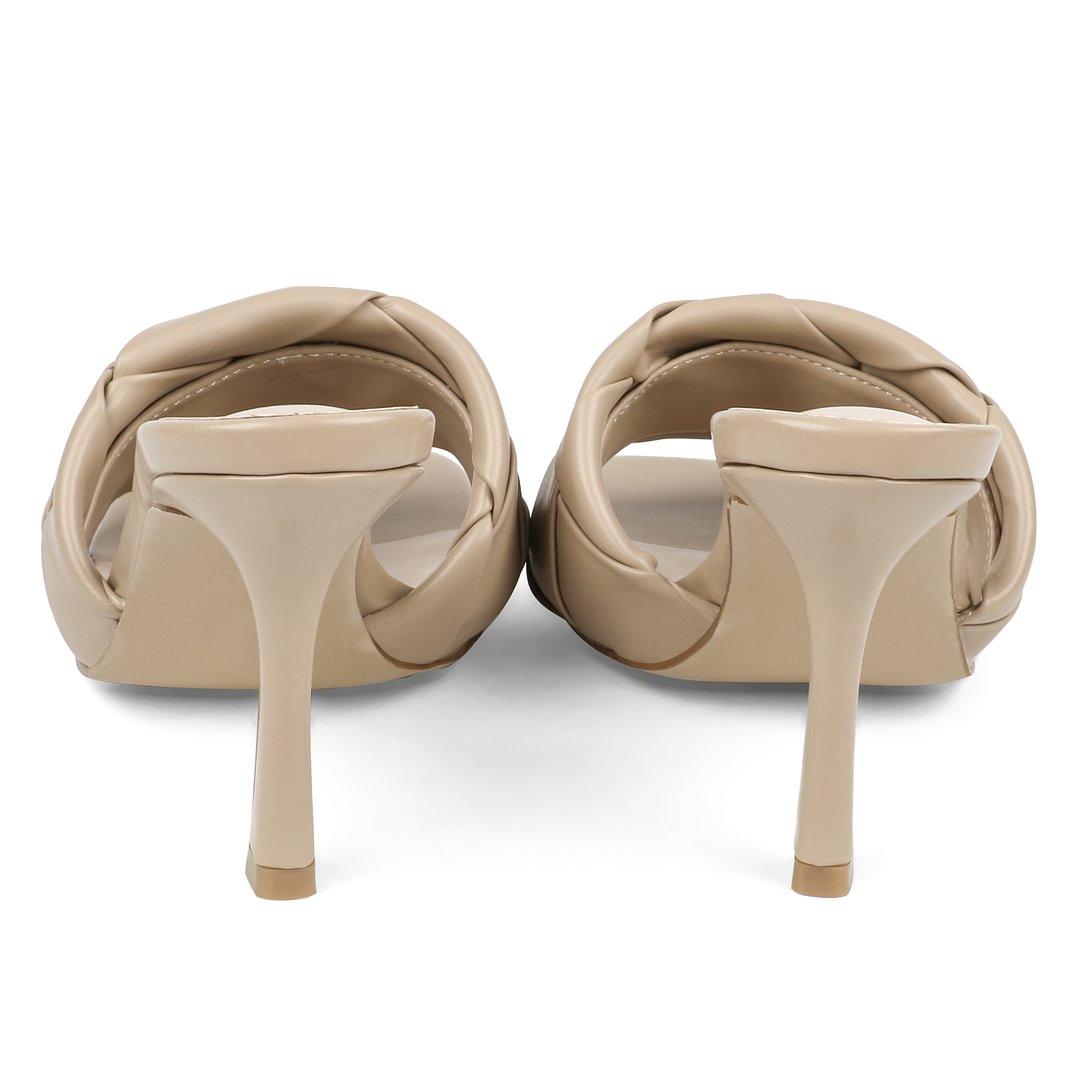 90mm Women's Square Open Toe Sandals Stiletto Heeled Woven Mule Sandals Quilted Backless Classic Daily Slippers-vocosishoes