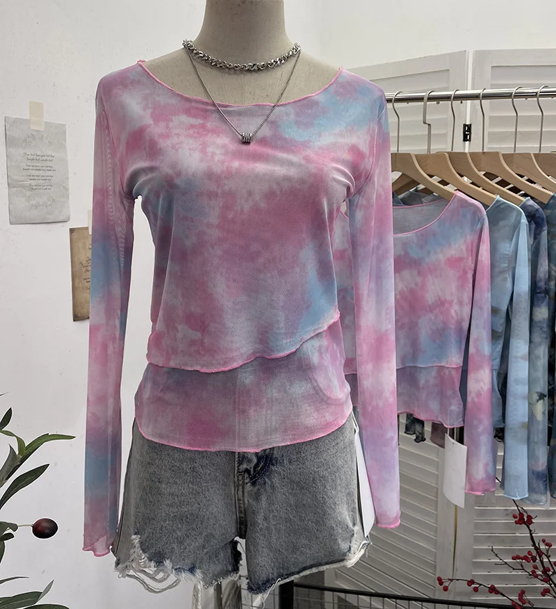 Uveng Summer Sunscreen Mesh Yarn Women 2025 Summer New Long-Sleeved T-Shirt 6920