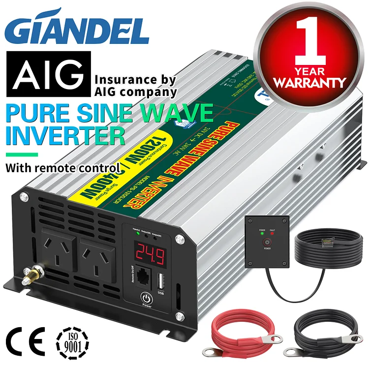 Pure Sine Wave Inverter 1200W 24V to 240V with 4.5M Remote Controller