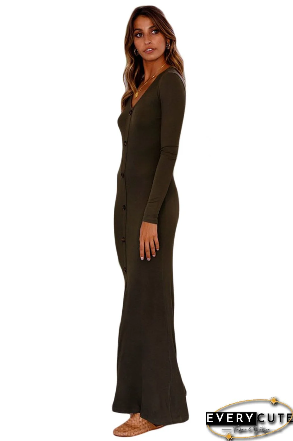 Olive Long Sleeve Button Down Slit Front Maxi Jersey Dress