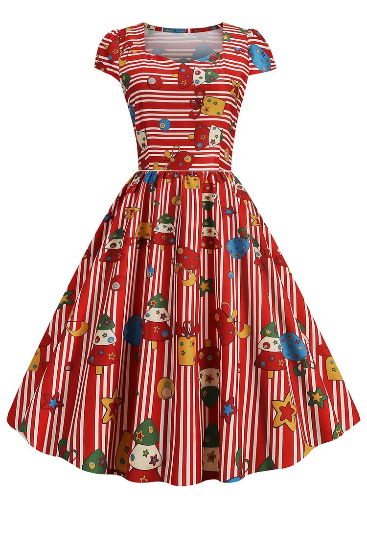 1950s Red Halloween Square Neck Cap Sleeve Stripe Swing Midi Dress