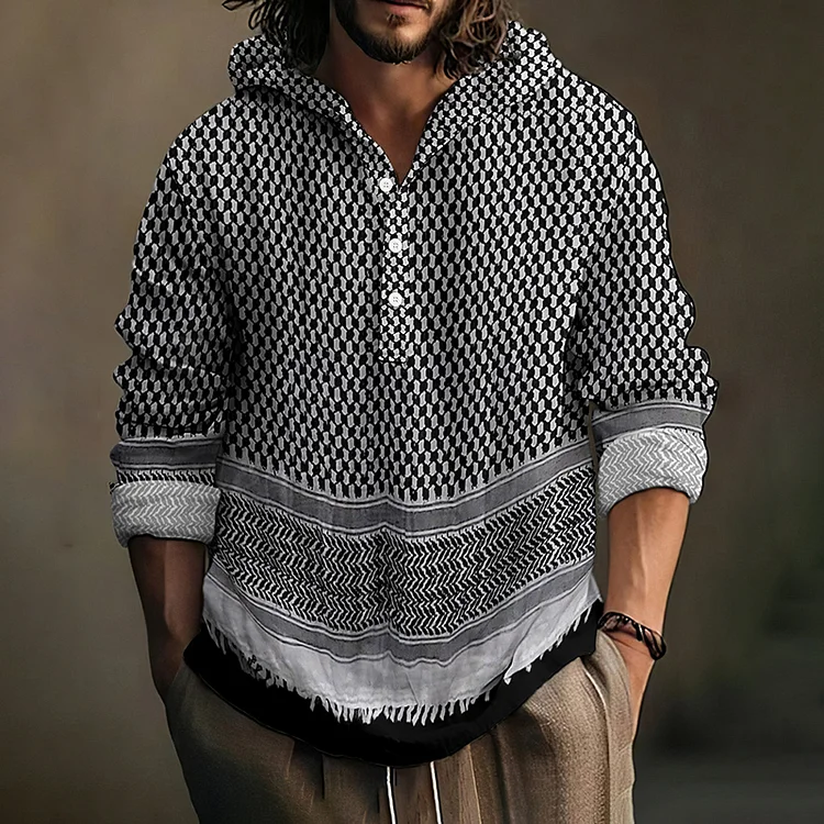 Men's We Be Free And Peace Forever Print Casual Linen Hooded Shirt