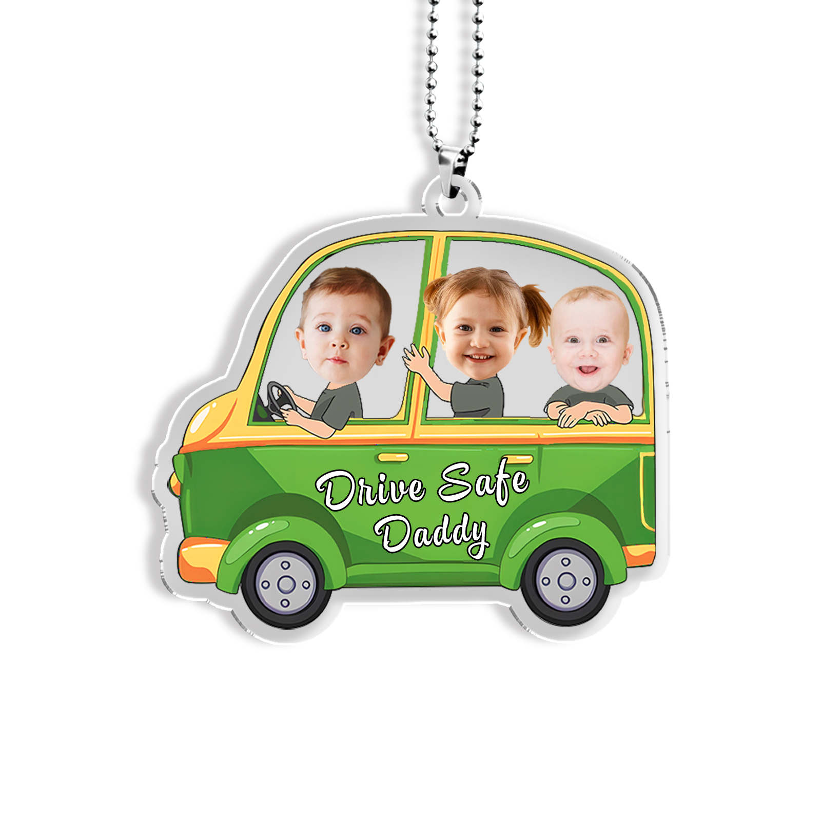Personalised Green Car Acrylic Hanging Ornament Custom 3 Photos & 1 Text & 1 Name Keychain Pedant Gift for Family-Jessemade AU