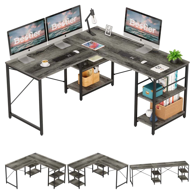 95" Gray Computer Desk L-Shaped PC Table Home Office Corner Workstation with Shelves