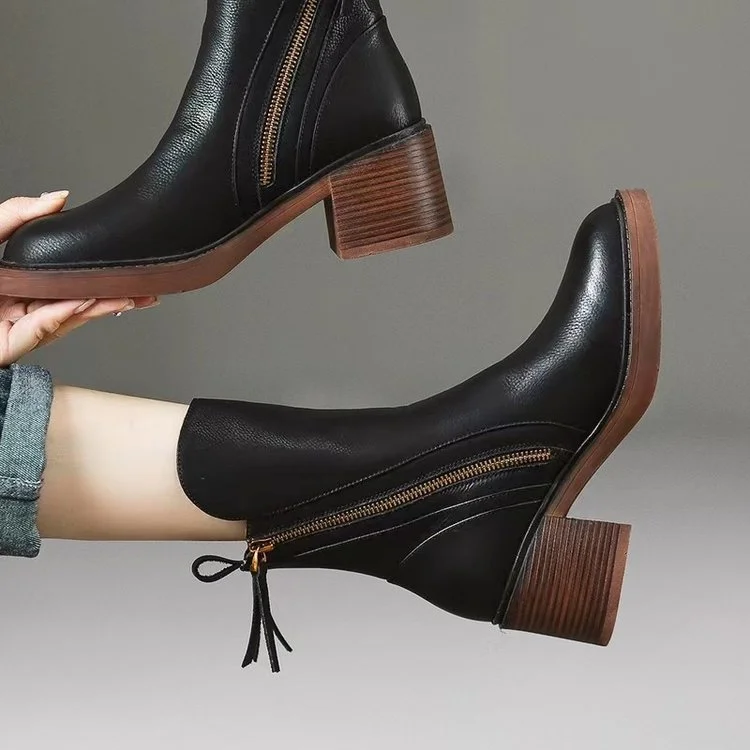 Churchf Churchf Thick Heel Brown Short Boots Female British Wind Side Zipper High Heel Wipe Color Retro Round Head Martin Boots A Generation Hair