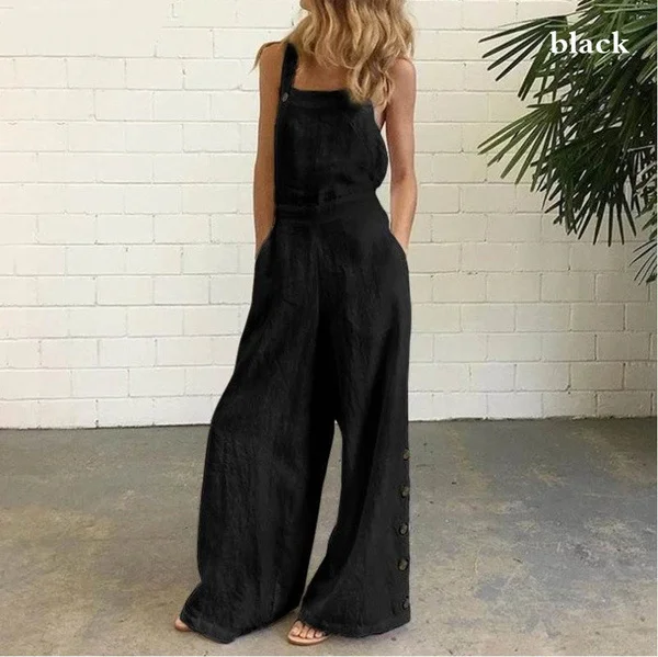 Women's Casual Jumpsuits Solid Color Loose Wide Leg Suspender Jumpsuits with Pocket