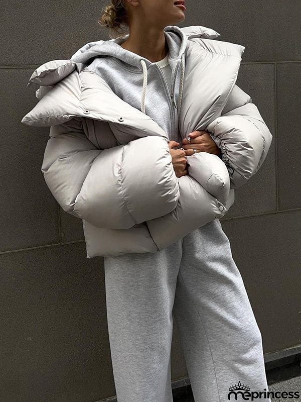 Long Sleeves Loose Solid Color Split-Joint Hooded Padded Coat