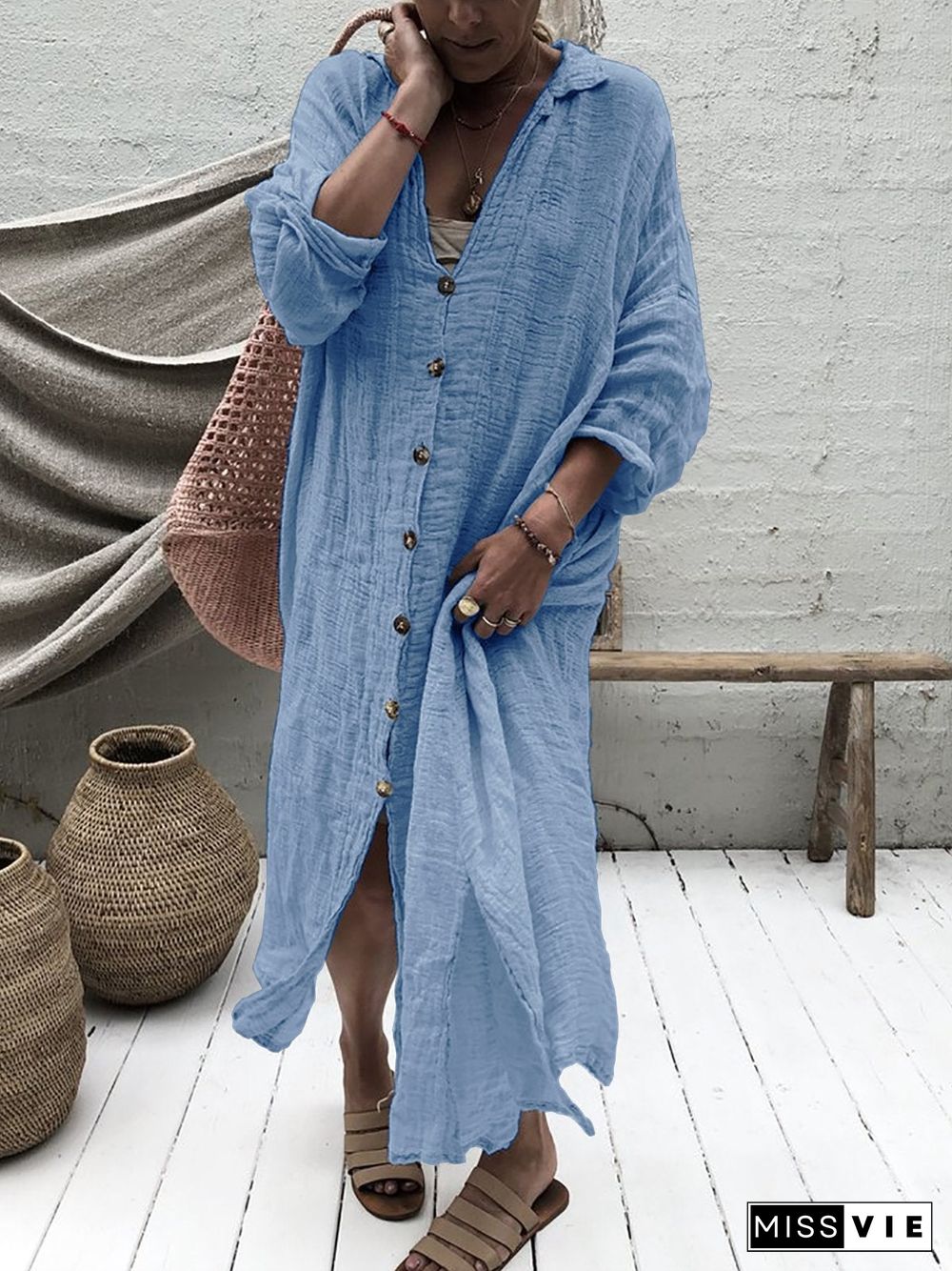 Solid 3/4 Sleeve V Neck Cotton Fall Dresses Linen