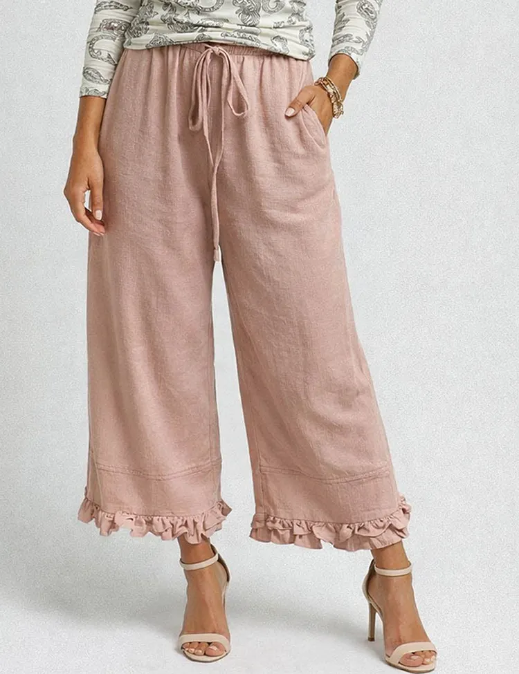 Ladies Elastic Waist Drawstring Ruffle Hem Wide Leg Pants