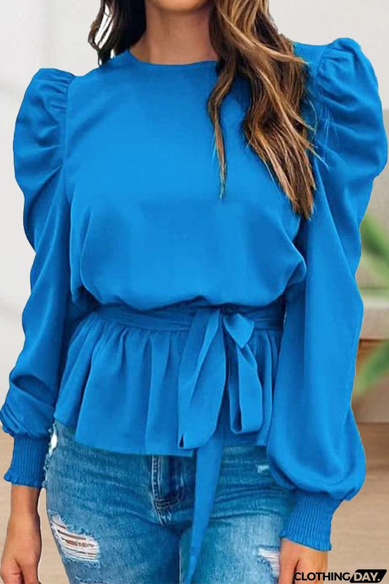 Casual Lace Frenulum Solid Color O Neck Tops(6 Colors)