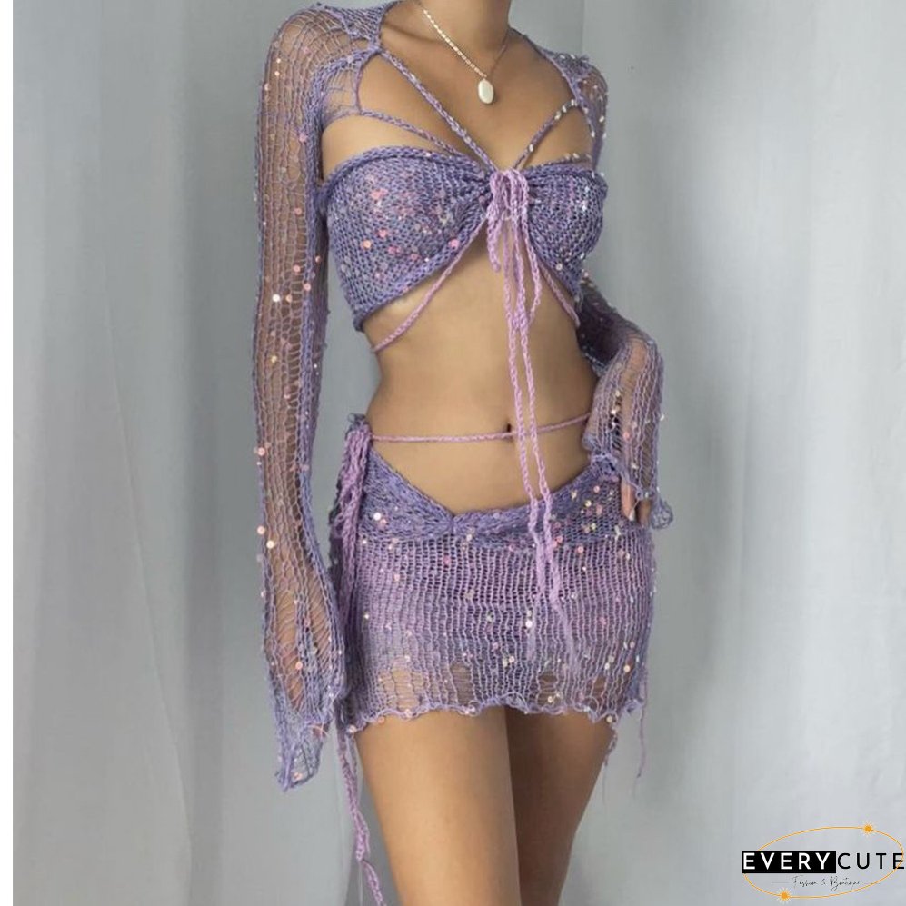 Women's Sequined Knitting Long Sleeve Three-Piece Skirt Set
