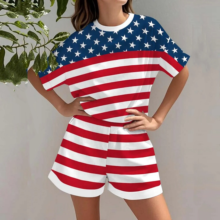 Utbros Women's Vintage Independence Day Flag Color T-shirt Set