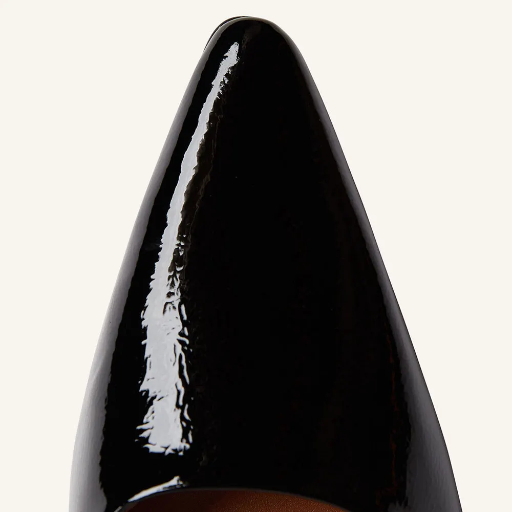 Black Patent Leather Pointed Toe Kitten Heel Mules for Women