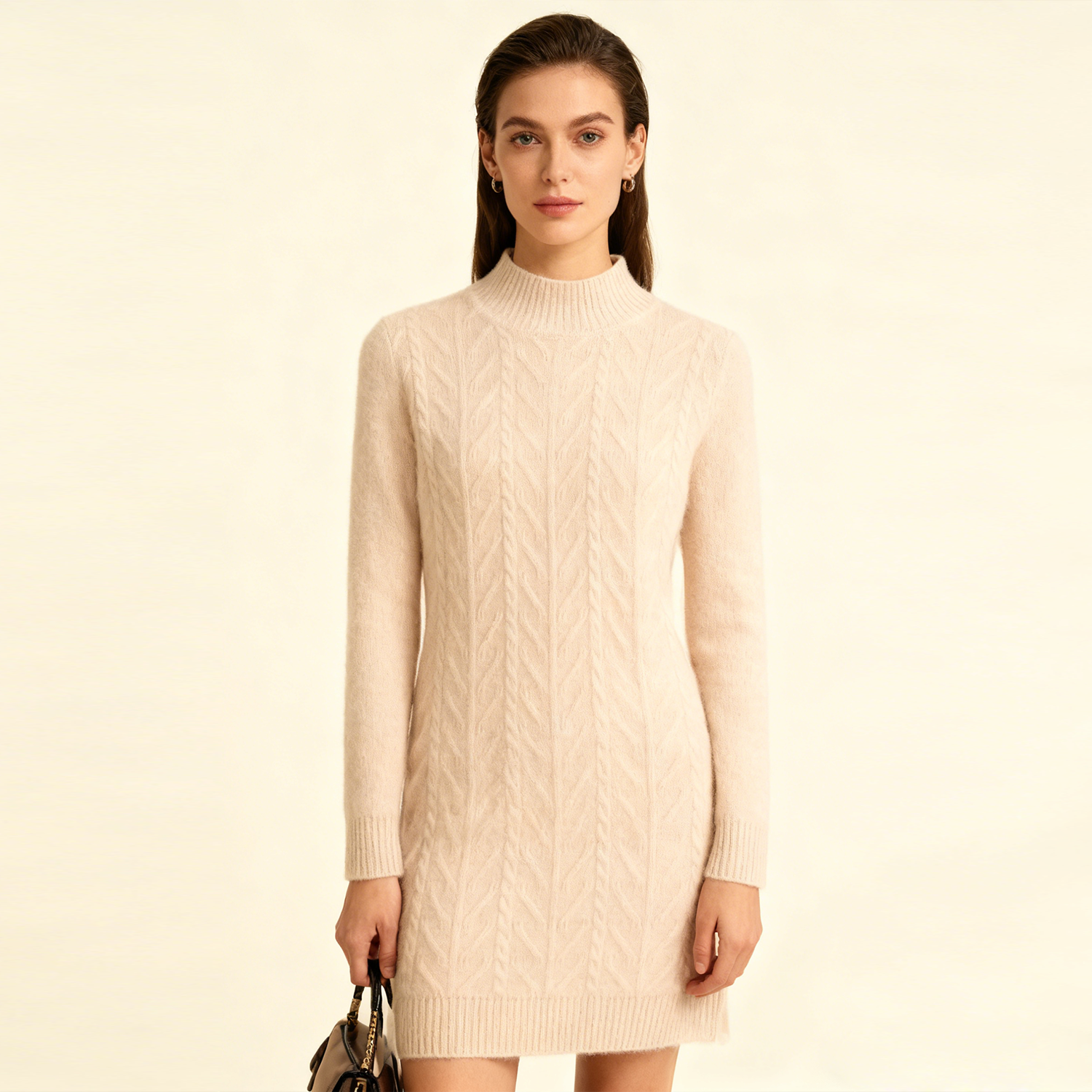 Turtleneck Cable Knit Women's Cashmere Dress REAL SILK LIFE