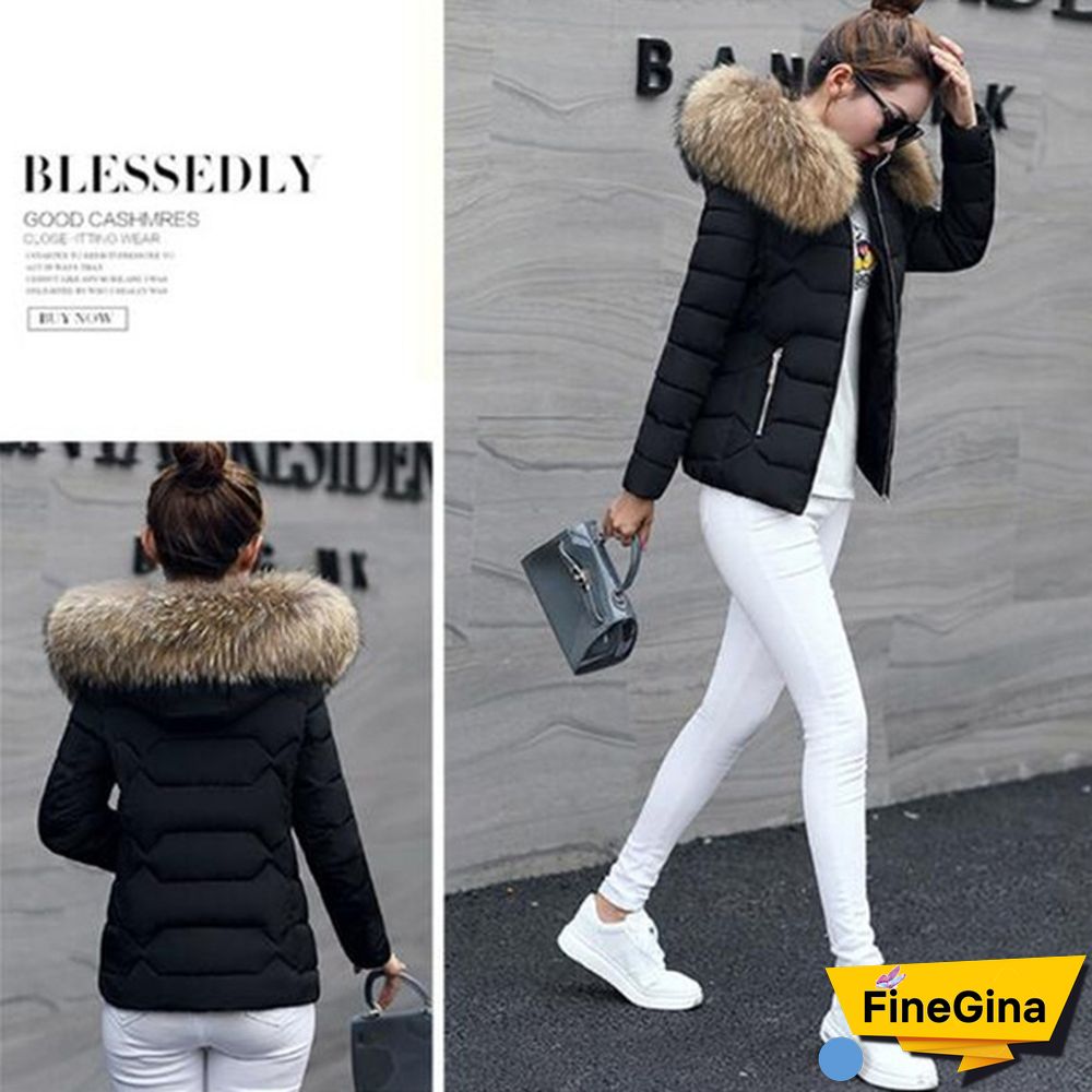 Women Autumn Winter New Fashion Short Coat Cotton-padded Jacket Large Size Hooded Jacket Warm Cotton Female Fur Collar Hoody Parka XS-XXXL