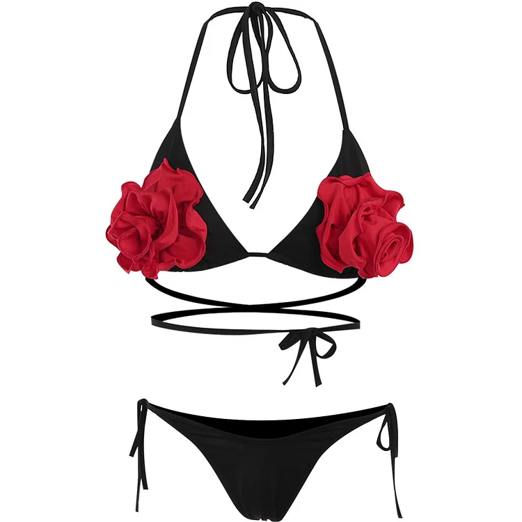 3D Flower Color Block Bikini Cami Set