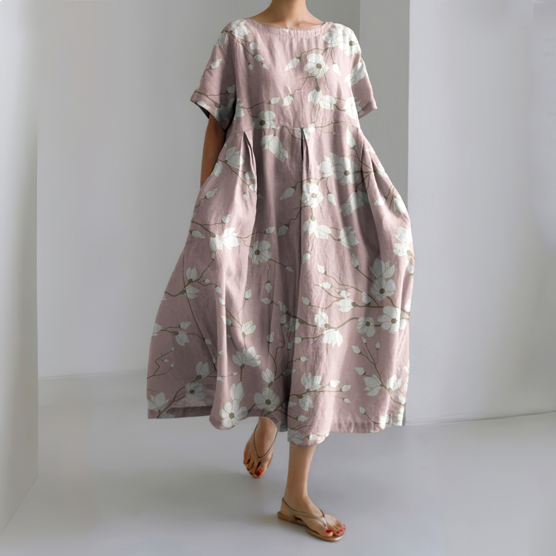 Women Pink Floral Art Printed Casual Midi Dress wearshes