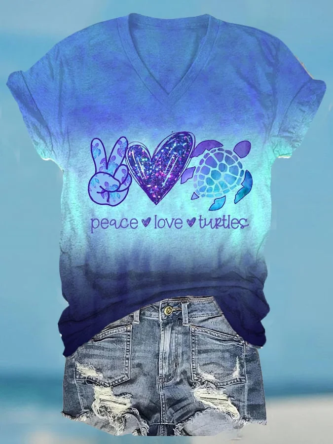 🔥Buy 3 Get 10% Off🔥Women's Hawaiian Peace Love Turtles Print  Casual T-Shirt