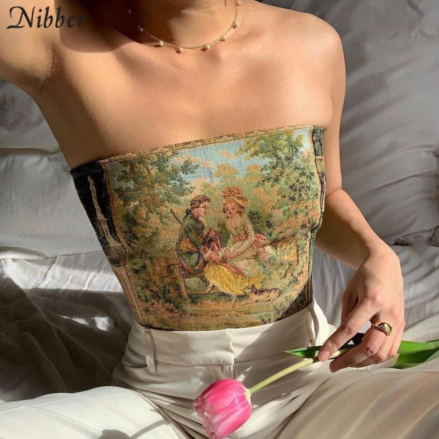 Nibber Fairy Print Backless Women Corset Crop Top Summer Vintage Y2K Aesthetic Tank Tops Party Bandage Strapless Streetwear Vest