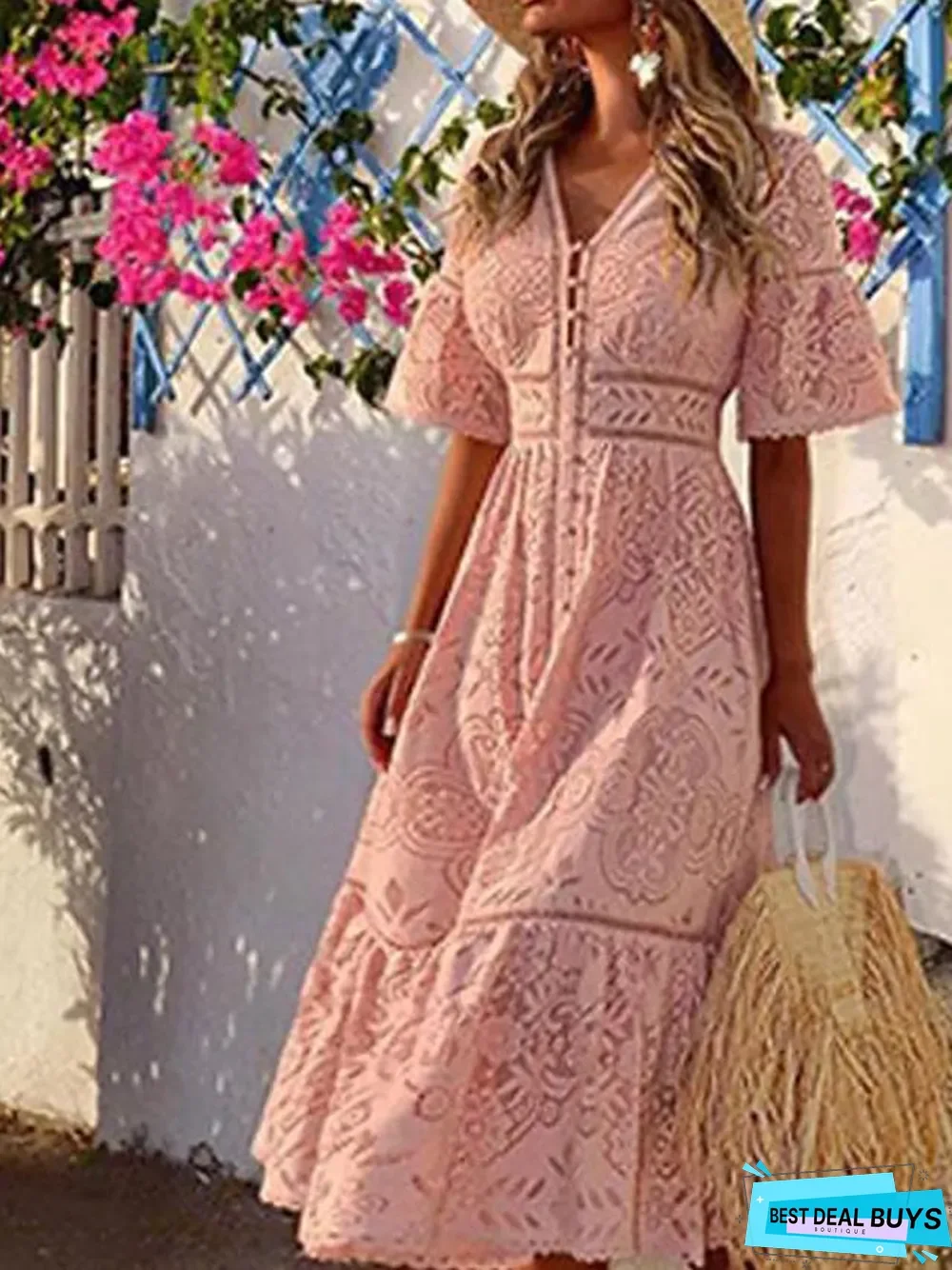 Women's Sheath Dress Maxi Long Dress Half Sleeve Solid Color V Neck Hot White Blushing Pink White Dresses