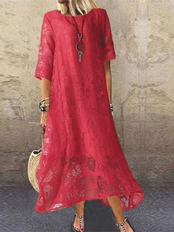 Women Half Sleeve V-neck Solid Color Dress